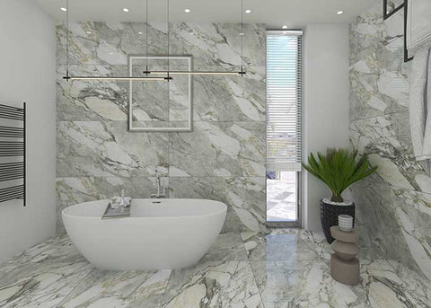 Marble-effect bathroom floor tiles with a freestanding bathtub.