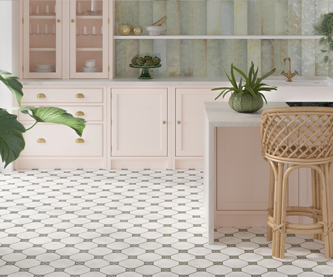 Durable porcelain kitchen floor tiles with white cabinetry