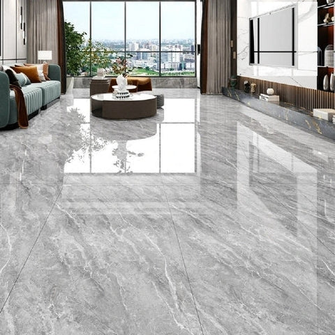Polished marble-effect floor tiles